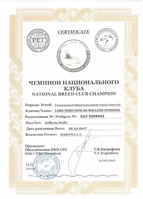 Диплом собаки - Дункан Чемпион НКП 3