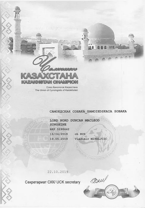 Диплом собаки - Дункан Чемпион Казахстана